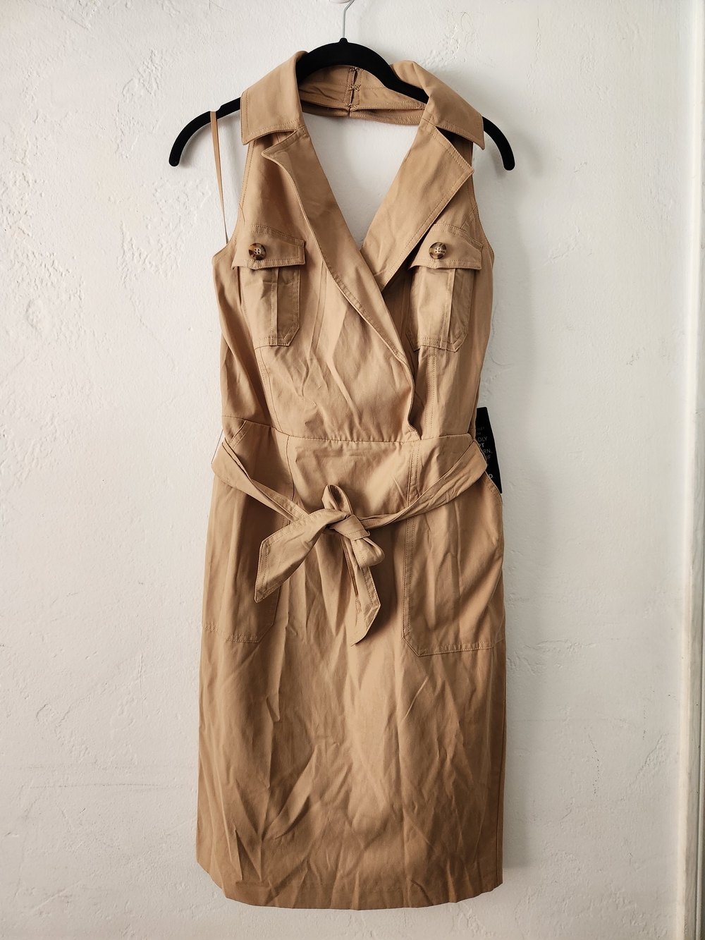 White House Black Market Tan Sleeveless Shirtwaist Midi Dress with Tie